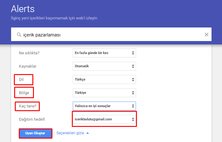 google alerts seçenekler