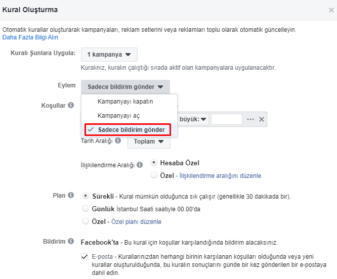 facebook reklam e-posta bildirimi ayarlama